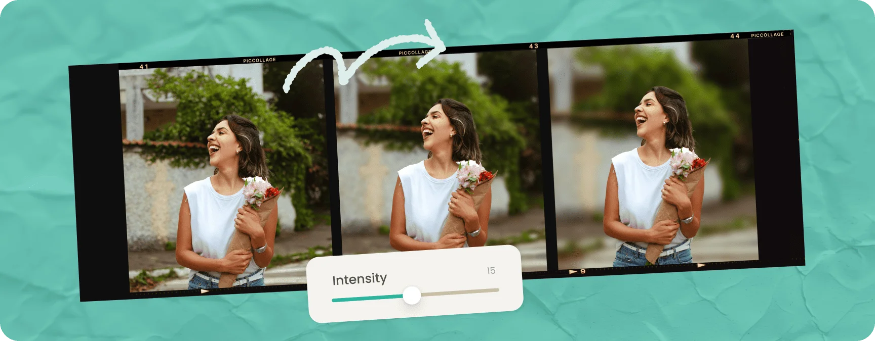 Film strip showing three levels of background blur applied to a photo of a laughing woman holding flowers, with a density slider control